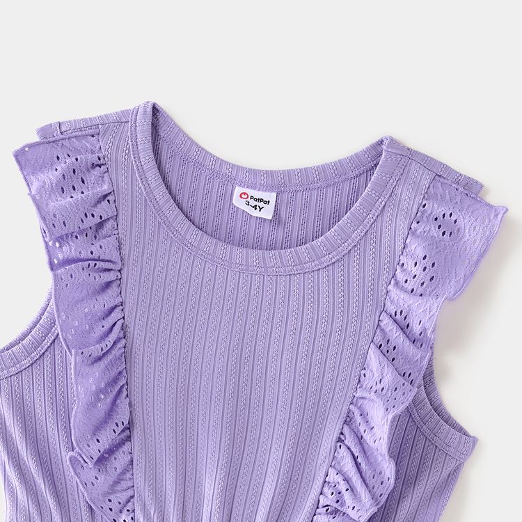 Family Matching Purple Textured Spaghetti Strap Lace V Neck Ruffle Dresses and Short-sleeve Striped T-shirts Sets pinkpurple