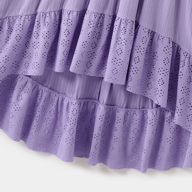 Family Matching Purple Textured Spaghetti Strap Lace V Neck Ruffle Dresses and Short-sleeve Striped T-shirts Sets pinkpurple