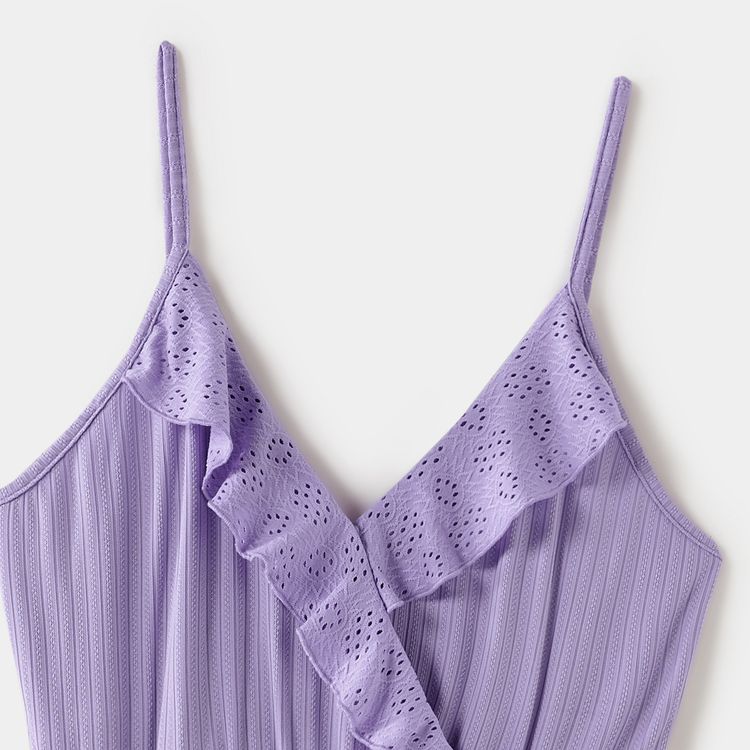 Family Matching Purple Textured Spaghetti Strap Lace V Neck Ruffle Dresses and Short-sleeve Striped T-shirts Sets pinkpurple