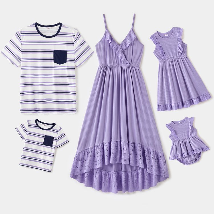 Family Matching Purple Textured Spaghetti Strap Lace V Neck Ruffle Dresses and Short-sleeve Striped T-shirts Sets pinkpurple