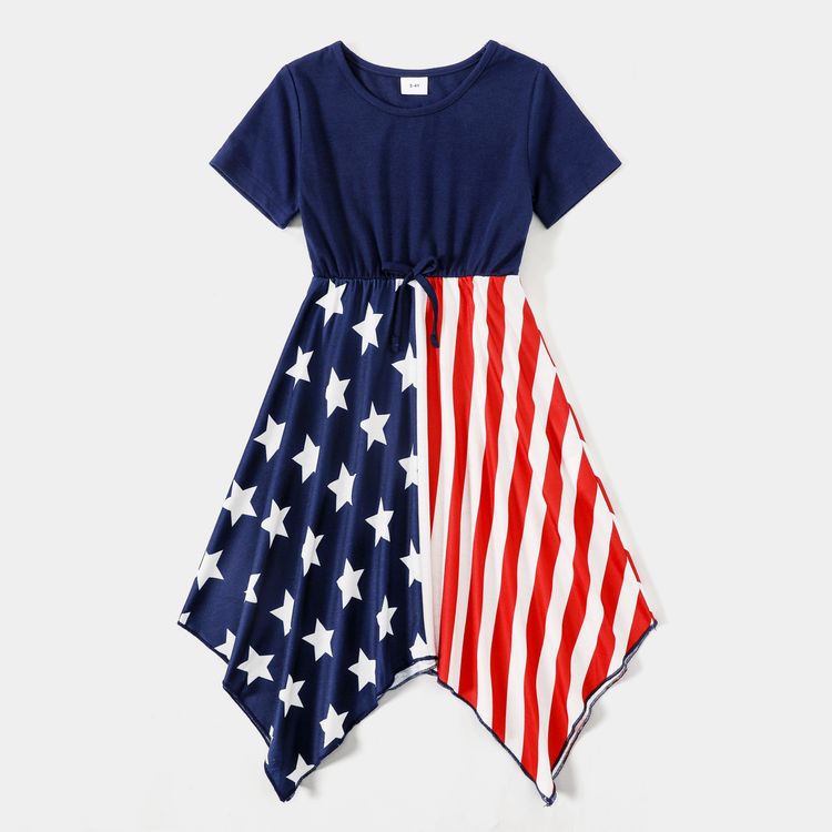 Family Matching Short-sleeve Stars and Stripes Print Irregular Hem Dresses and T-shirts Sets Blue