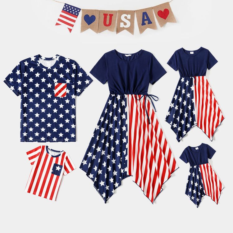 Family Matching Short-sleeve Stars and Stripes Print Irregular Hem Dresses and T-shirts Sets Blue