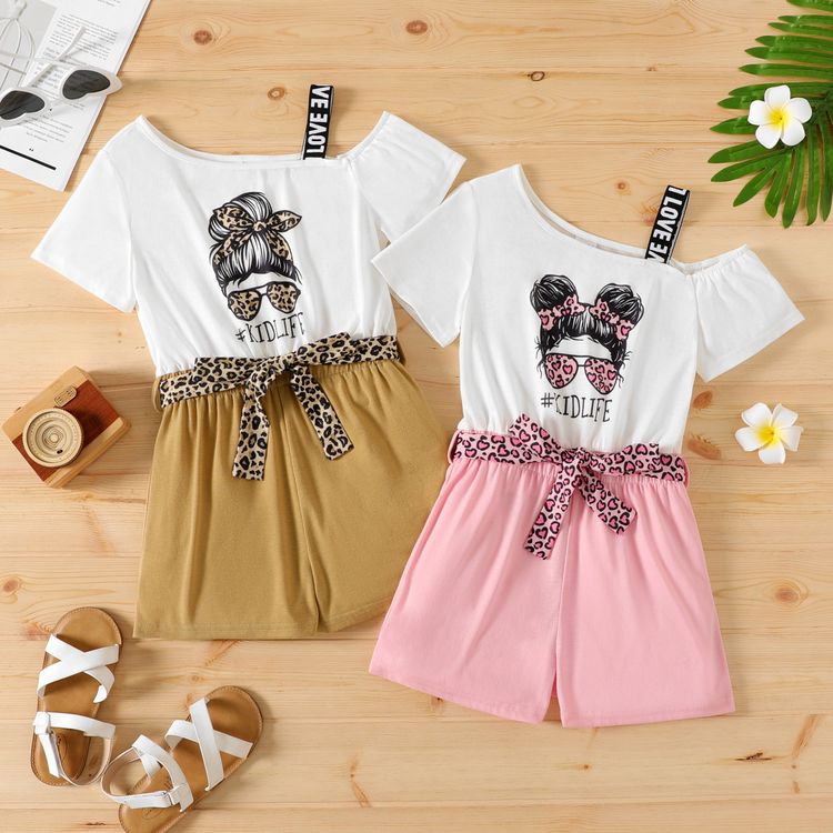 Kid Girl Faux-two Letter Leopard Print Belted Short-sleeve Strap Rompers Pink