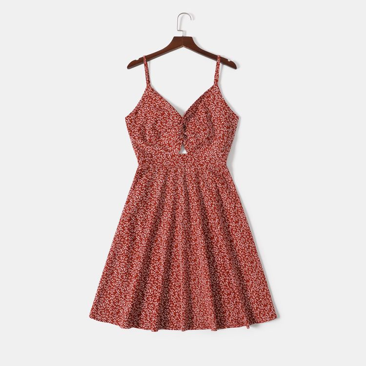 All Over Red Floral Print V Neck Spaghetti Strap Dress for Mom and Me Red