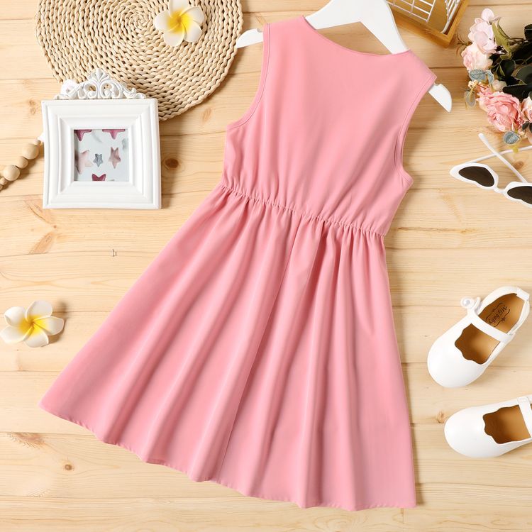 Kid Girl Solid Color Floral Design Sleeveless Dress Pink