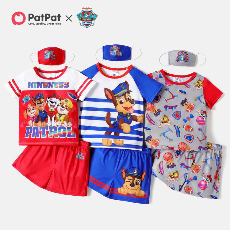 PAW Patrol 3pcs Toddler Boy Striped/Allover Print Short-sleeve Tee, Shorts and Mask Set Red