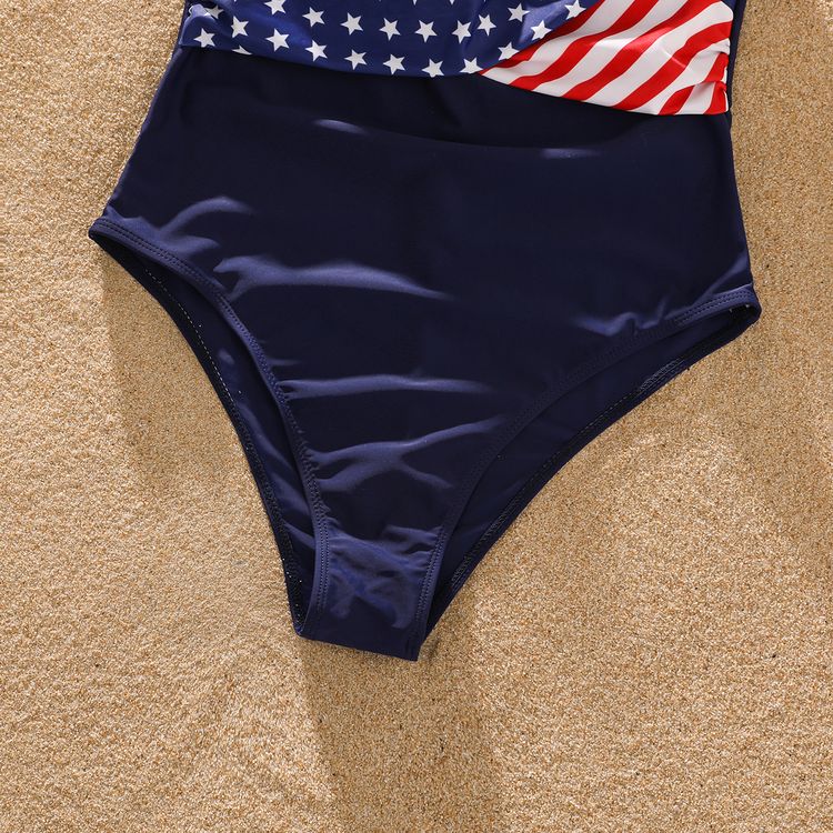 Family Matching Star and Stripe Print Swim Trunks Shorts and Spaghetti Strap One-Piece Swimsuit Blue