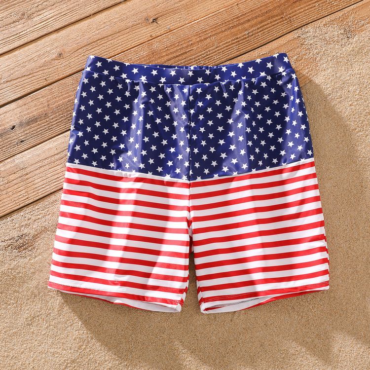 Family Matching Star and Stripe Print Swim Trunks Shorts and Spaghetti Strap One-Piece Swimsuit Blue