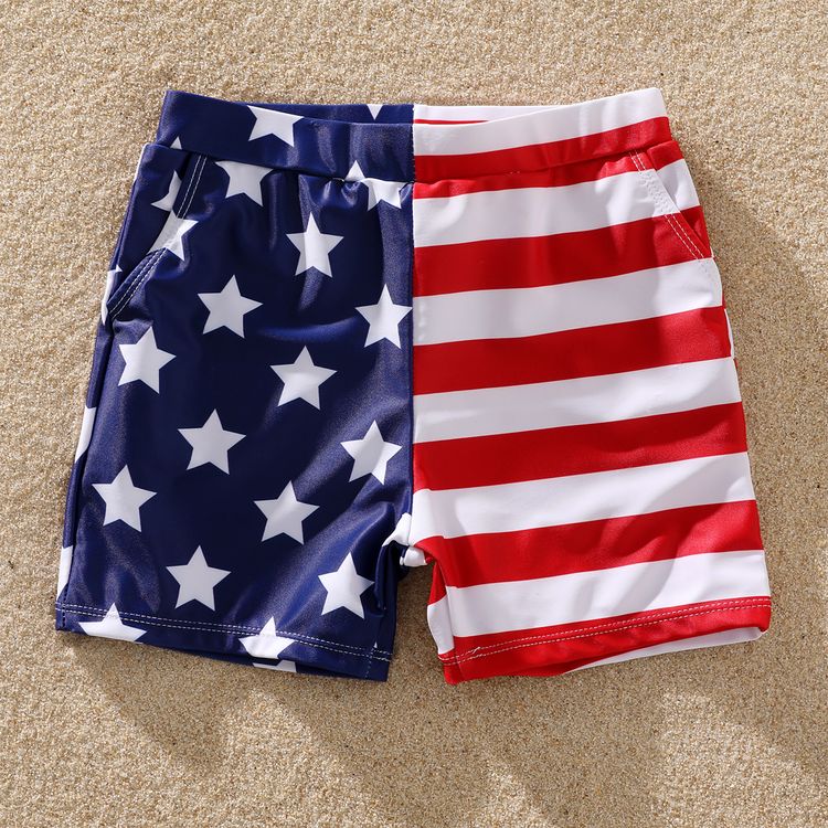 Family Matching All Over Stars Stripes Print Splicing Swim Trunks Shorts and Spaghetti Strap One-Piece Swimsuit Blue
