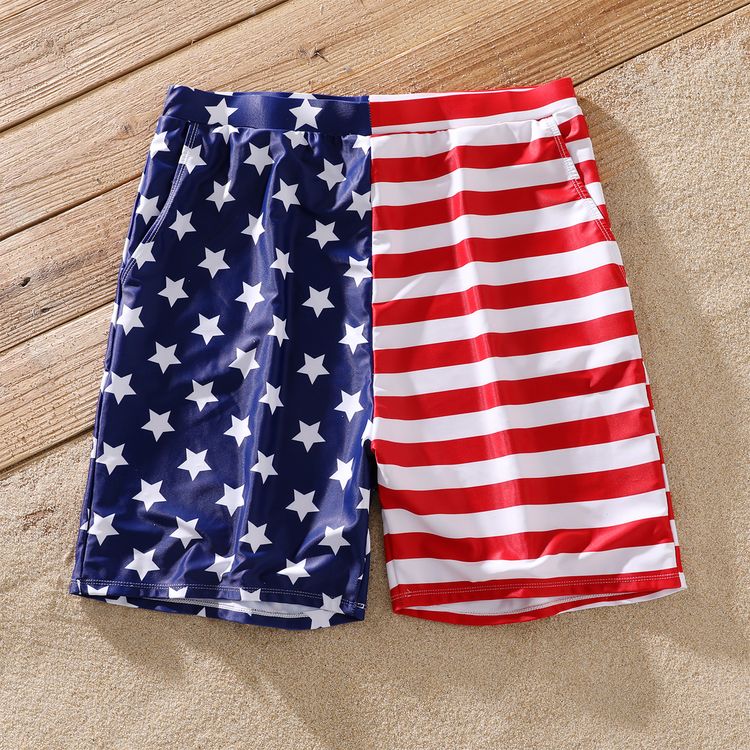 Family Matching All Over Stars Stripes Print Splicing Swim Trunks Shorts and Spaghetti Strap One-Piece Swimsuit Blue