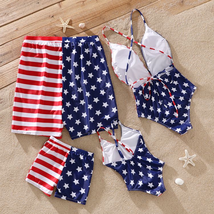 Family Matching All Over Stars Stripes Print Splicing Swim Trunks Shorts and Spaghetti Strap One-Piece Swimsuit Blue