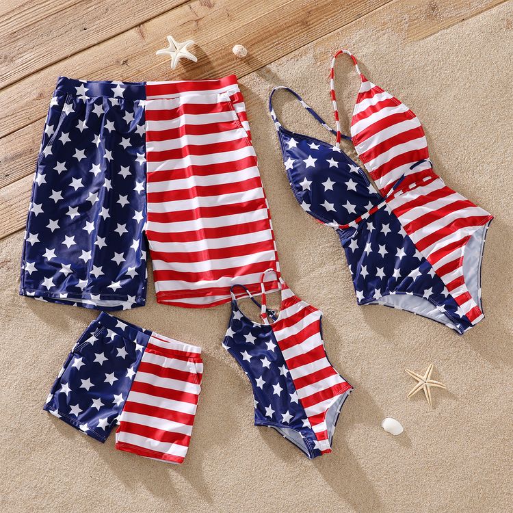 Family Matching All Over Stars Stripes Print Splicing Swim Trunks Shorts and Spaghetti Strap One-Piece Swimsuit Blue