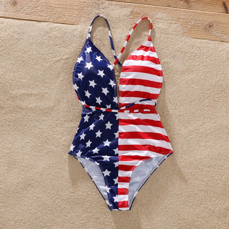 Family Matching All Over Stars Stripes Print Splicing Swim Trunks Shorts and Spaghetti Strap One-Piece Swimsuit Blue