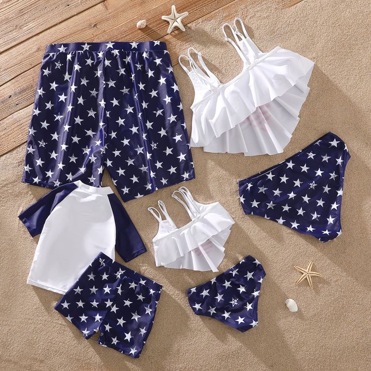 Family Matching All Over Stars Print Swim Trunks Shorts and Spaghetti Strap Two-Piece Bikini Set Swimwear blue+white