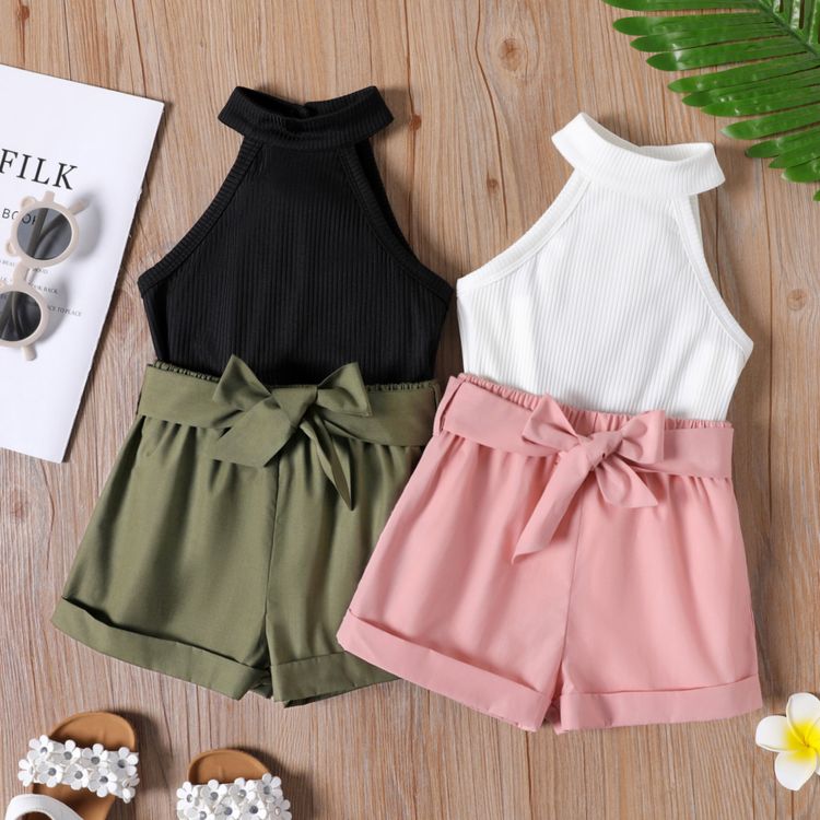 2pcs Toddler Girl Ribbed Halter Tank Top and Belted Shorts Set White