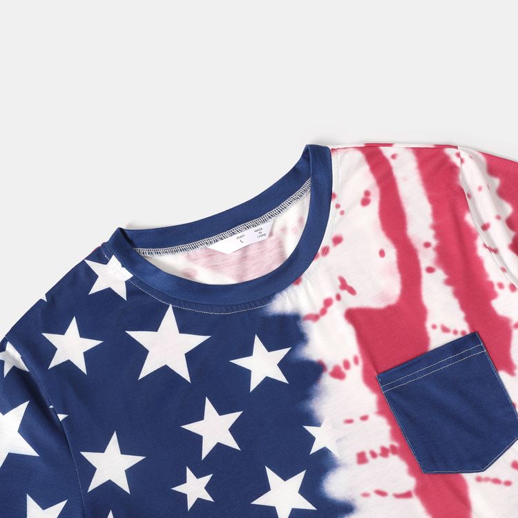 Family Matching American Flag Print Short-sleeve Drawstring Ruched Bodycon Dresses and T-shirts Sets Dark blue/White/Red