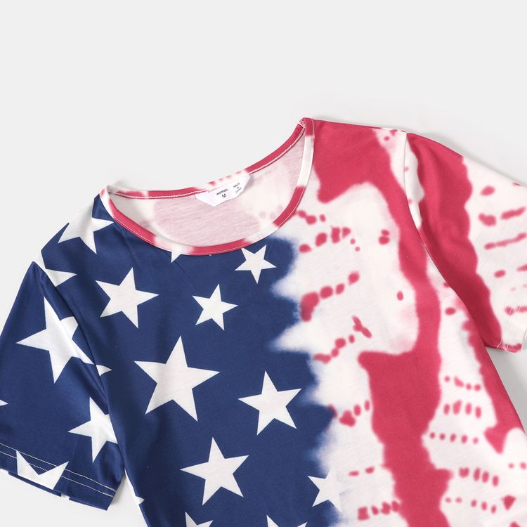 Family Matching American Flag Print Short-sleeve Drawstring Ruched Bodycon Dresses and T-shirts Sets Dark blue/White/Red
