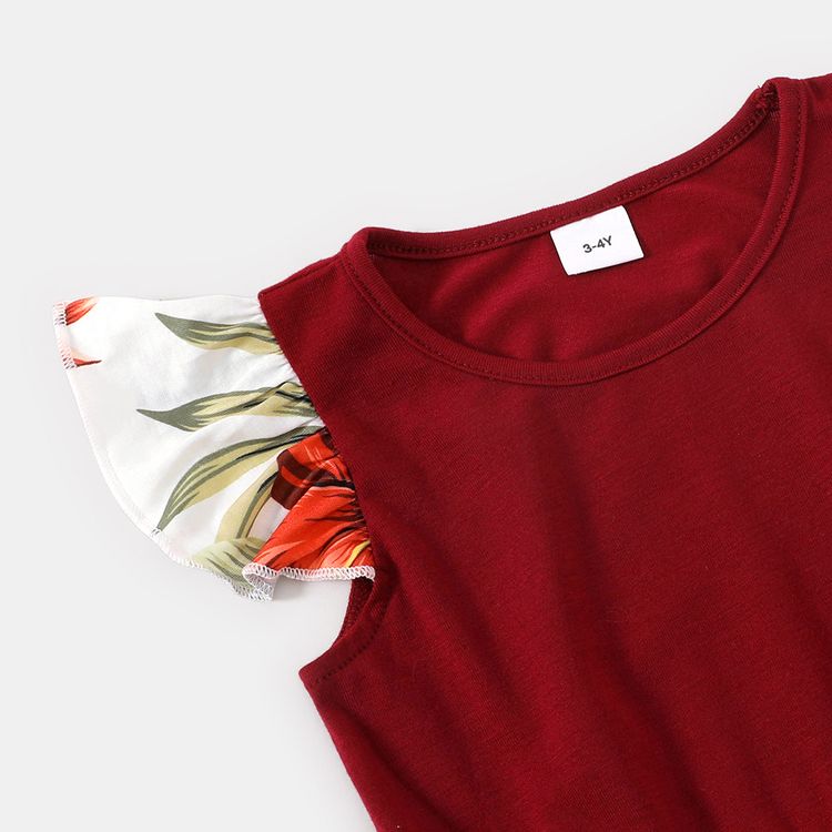Family Matching Red Ruffle V Neck Spaghetti Strap Splicing Floral Print Tiered Dresses and Short-sleeve T-shirts Sets Burgundy
