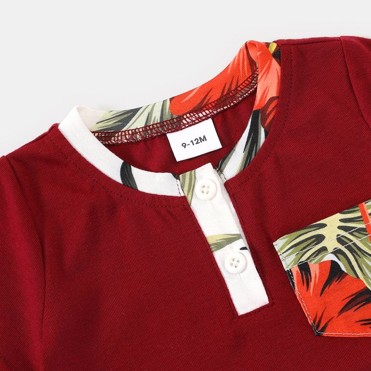 Family Matching Red Ruffle V Neck Spaghetti Strap Splicing Floral Print Tiered Dresses and Short-sleeve T-shirts Sets Burgundy