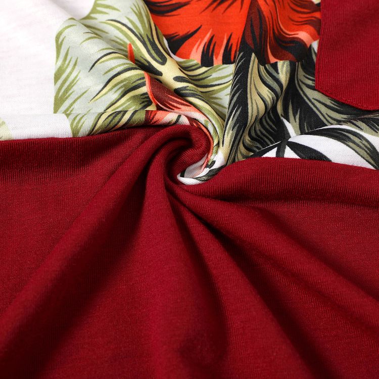 Family Matching Red Ruffle V Neck Spaghetti Strap Splicing Floral Print Tiered Dresses and Short-sleeve T-shirts Sets Burgundy