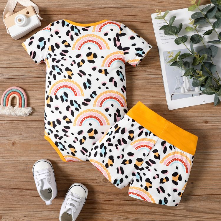 2pcs Baby Boy/Girl All Over Rainbow Leopard Print Short-sleeve Romper and Shorts Set Orange