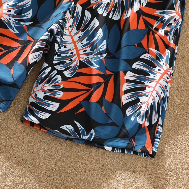 Family Matching Solid Splicing Palm Leaf Print Spaghetti Strap One-Piece Swimsuit and Swim Trunks Shorts Blue