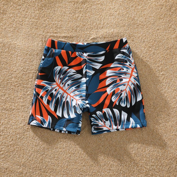 Family Matching Solid Splicing Palm Leaf Print Spaghetti Strap One-Piece Swimsuit and Swim Trunks Shorts Blue