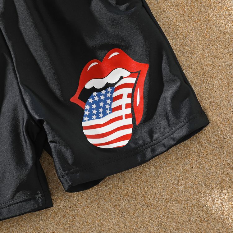 Family Matching Red Lips and Tongue Print Black One-Piece Swimsuit and Swim Trunks Shorts Black