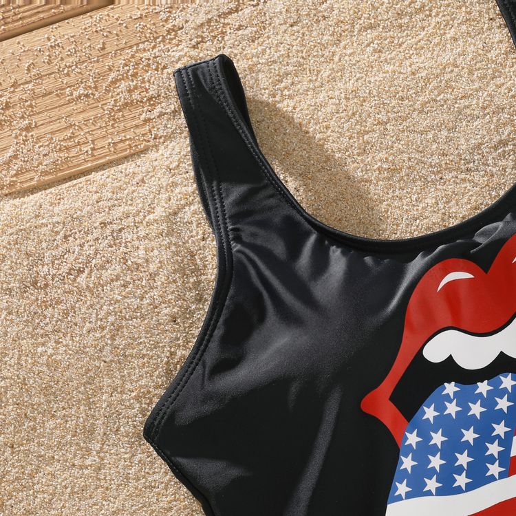 Family Matching Red Lips and Tongue Print Black One-Piece Swimsuit and Swim Trunks Shorts Black