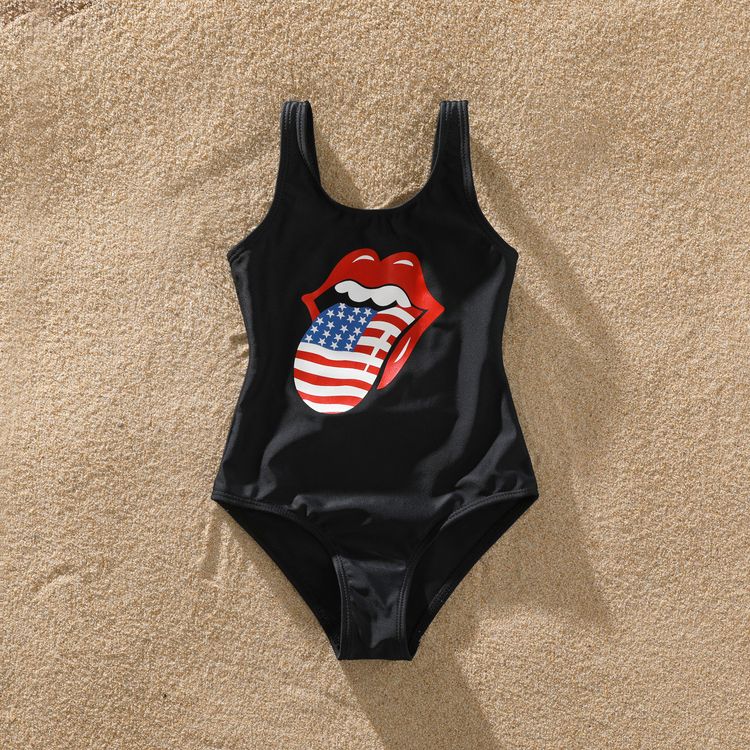 Family Matching Red Lips and Tongue Print Black One-Piece Swimsuit and Swim Trunks Shorts Black