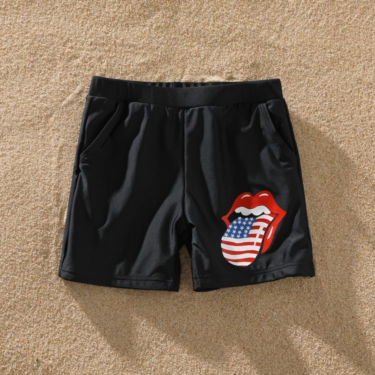 Family Matching Red Lips and Tongue Print Black One-Piece Swimsuit and Swim Trunks Shorts Black