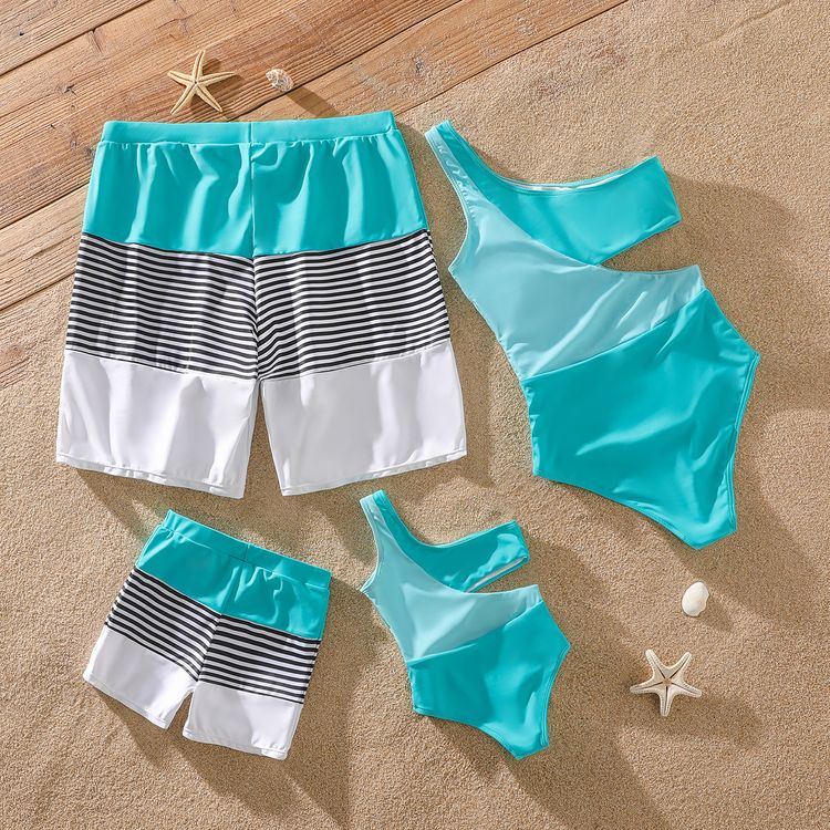 Family Matching Striped Colorblock Swim Trunks Shorts and One Shoulder Hollow Out One-Piece Swimsuit aquagreen