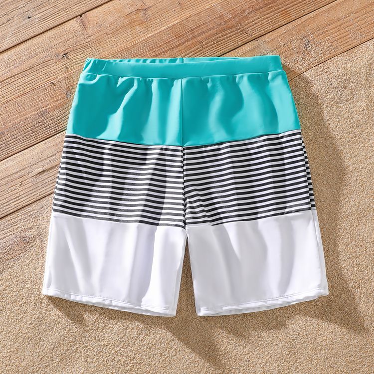 Family Matching Striped Colorblock Swim Trunks Shorts and One Shoulder Hollow Out One-Piece Swimsuit aquagreen