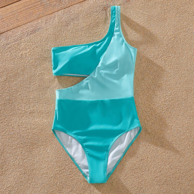 Family Matching Striped Colorblock Swim Trunks Shorts and One Shoulder Hollow Out One-Piece Swimsuit aquagreen