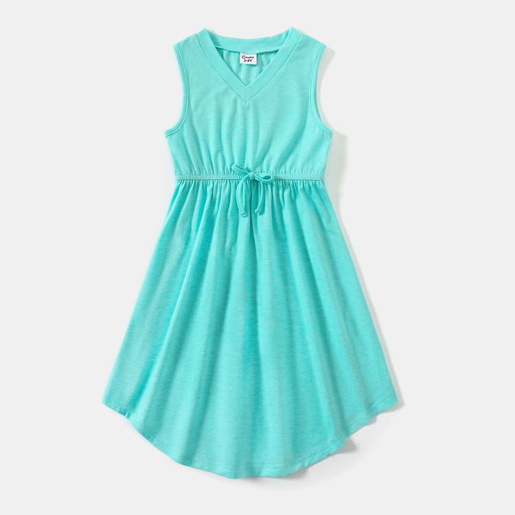 Family Matching Solid V Neck Tank Dresses and Short-sleeve Colorblock Polo Shirts Sets Light Green