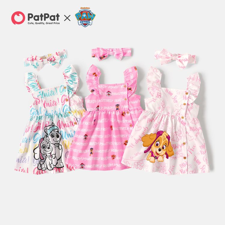 PAW Patrol 2pcs Toddler Girl Letter Print Ruffled Strap Dress and Headband Set White