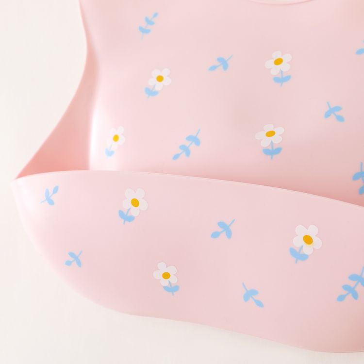 Floral Pattern Silicone Baby Bibs Soft Adjustable Waterproof Silicone Bibs with Food Catcher Pocket Light Pink