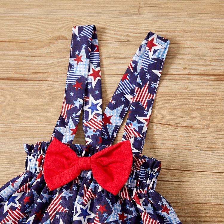 Independence Day 2pcs Baby Girl Cotton Ruffle Short-sleeve Letter Print Romper and All Over Stars Print Suspender Skirt Set Dark Blue/white