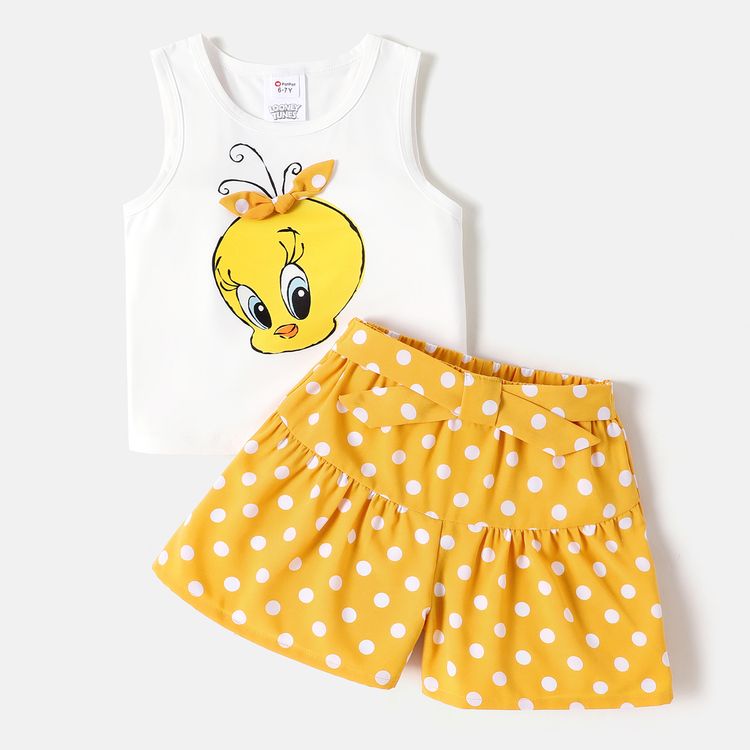 Looney Tunes 2pcs Kid Girl White Tank Top and Polka dots Belted Shorts Set White