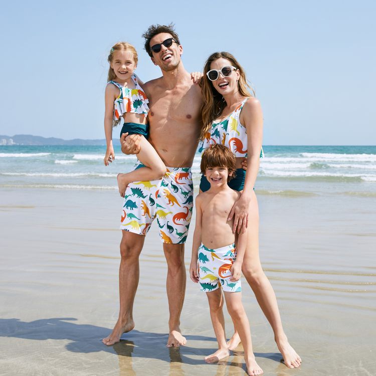 Family Matching All Over Multicolor Dinosaur Print Swim Trunks Shorts and Ruffle Two-Piece Swimsuit White