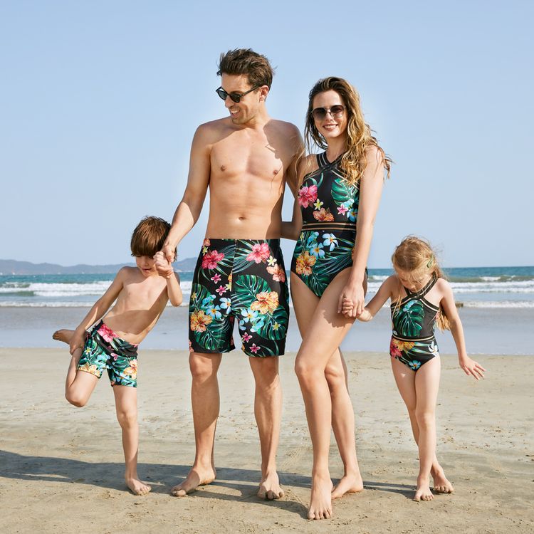 Family Matching All Over Tropical Plants Print Black Swim Trunks Shorts and Webbing One-Piece Swimsuit Black
