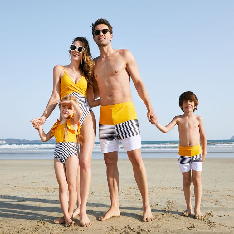Family Matching Striped Colorblock Swim Trunks Shorts and Spaghetti Strap Splicing One-Piece Swimsuit Rudbeckia yellow