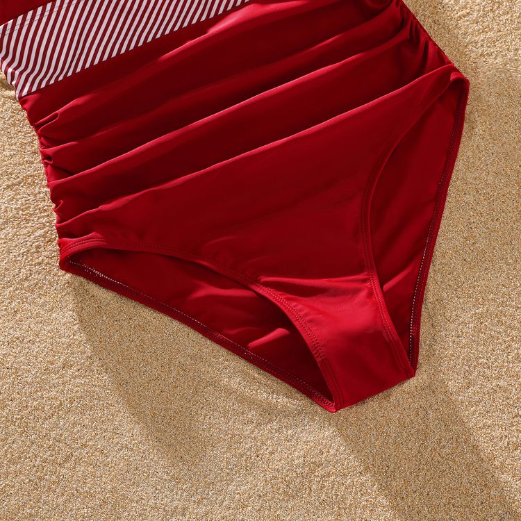 Family Matching Red Striped Splicing Ruffle One-Piece Swimsuit and Letter Print Swim Trunks Shorts Sets Red