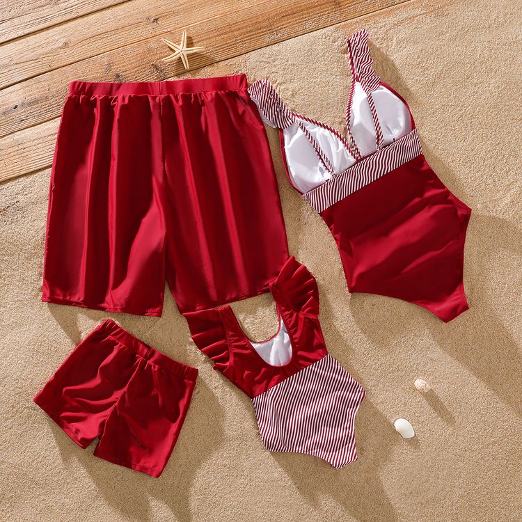 Family Matching Red Striped Splicing Ruffle One-Piece Swimsuit and Letter Print Swim Trunks Shorts Sets Red