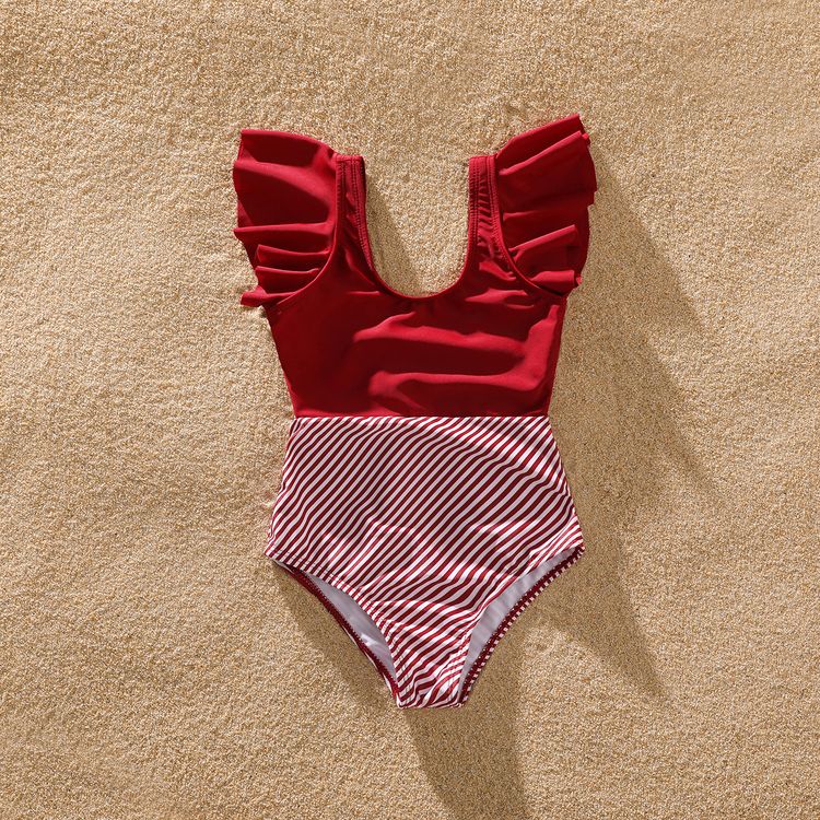 Family Matching Red Striped Splicing Ruffle One-Piece Swimsuit and Letter Print Swim Trunks Shorts Sets Red