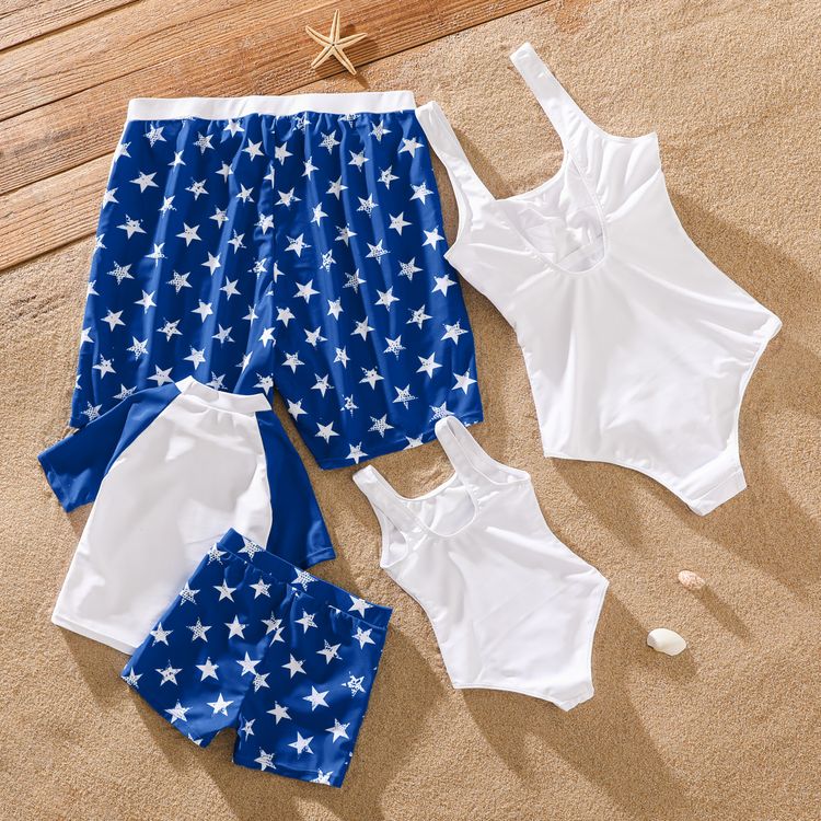 Family Matching Characters Print One-Piece Tank Swimsuit and Stars Swim Trunk Shorts White