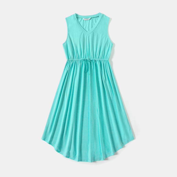 Family Matching Solid V Neck Tank Dresses and Short-sleeve Colorblock Polo Shirts Sets Light Green