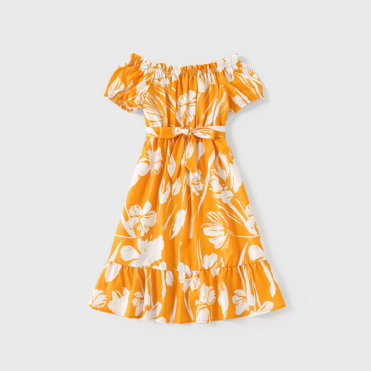 Family Matching All Over Floral Print Yellow Off Shoulder Puff Sleeve Dresses and Colorblock Short-sleeve T-shirts Sets Yellow