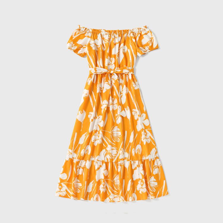 Family Matching All Over Floral Print Yellow Off Shoulder Puff Sleeve Dresses and Colorblock Short-sleeve T-shirts Sets Yellow