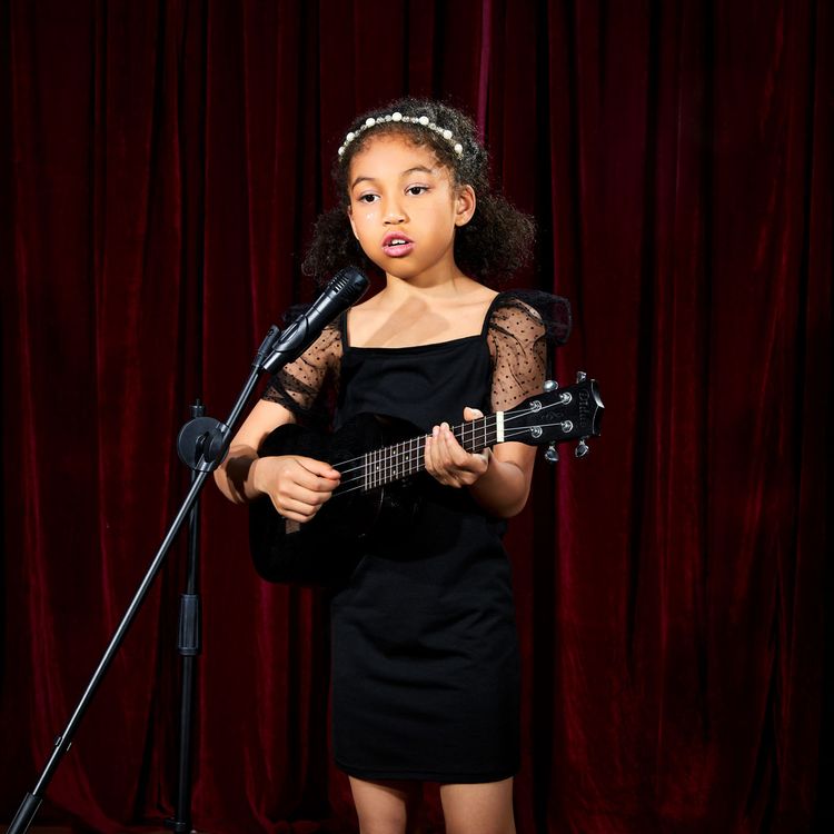 Kid Girl Polka dots Mesh Puff-sleeve Black Dress Black